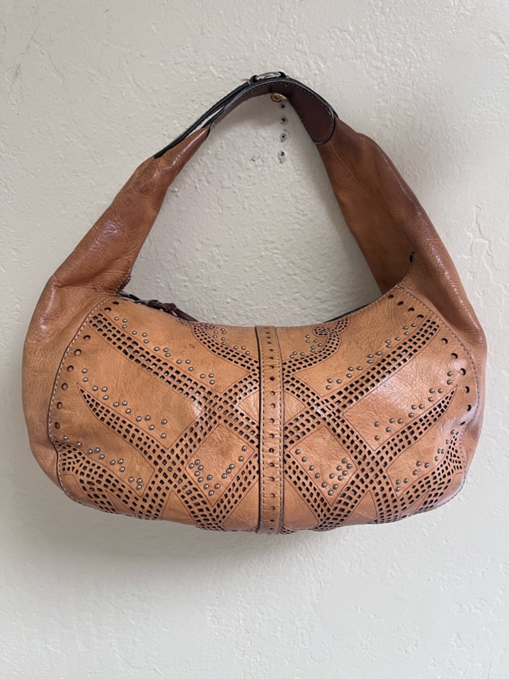 Cole Haan Cognac Perforated Leather Hobo with Stud Accents